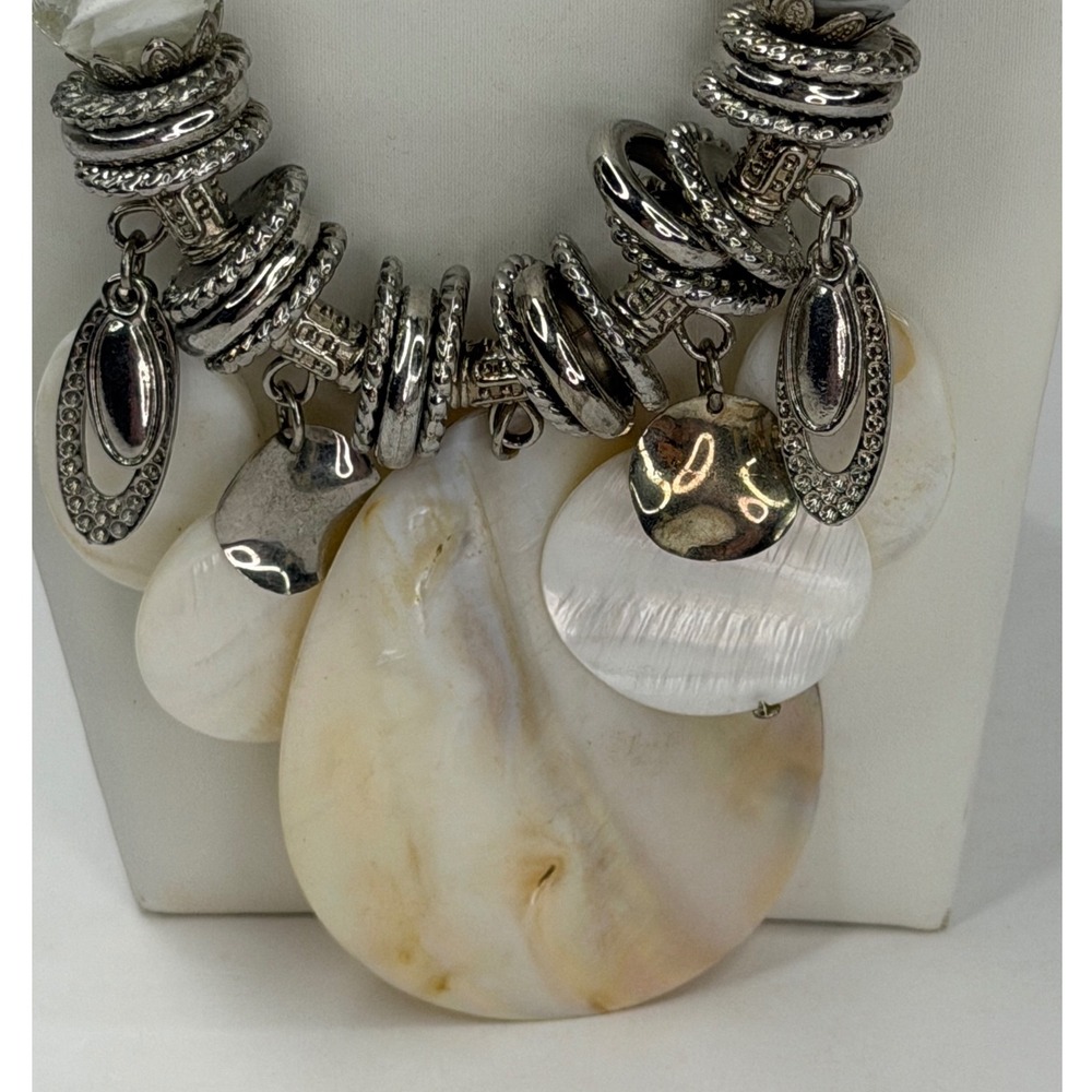 Silver Tone Mother of Pearl Shell Bib Statement Necklace Beaded Boho Beach Y2K - Picture 2 of 5